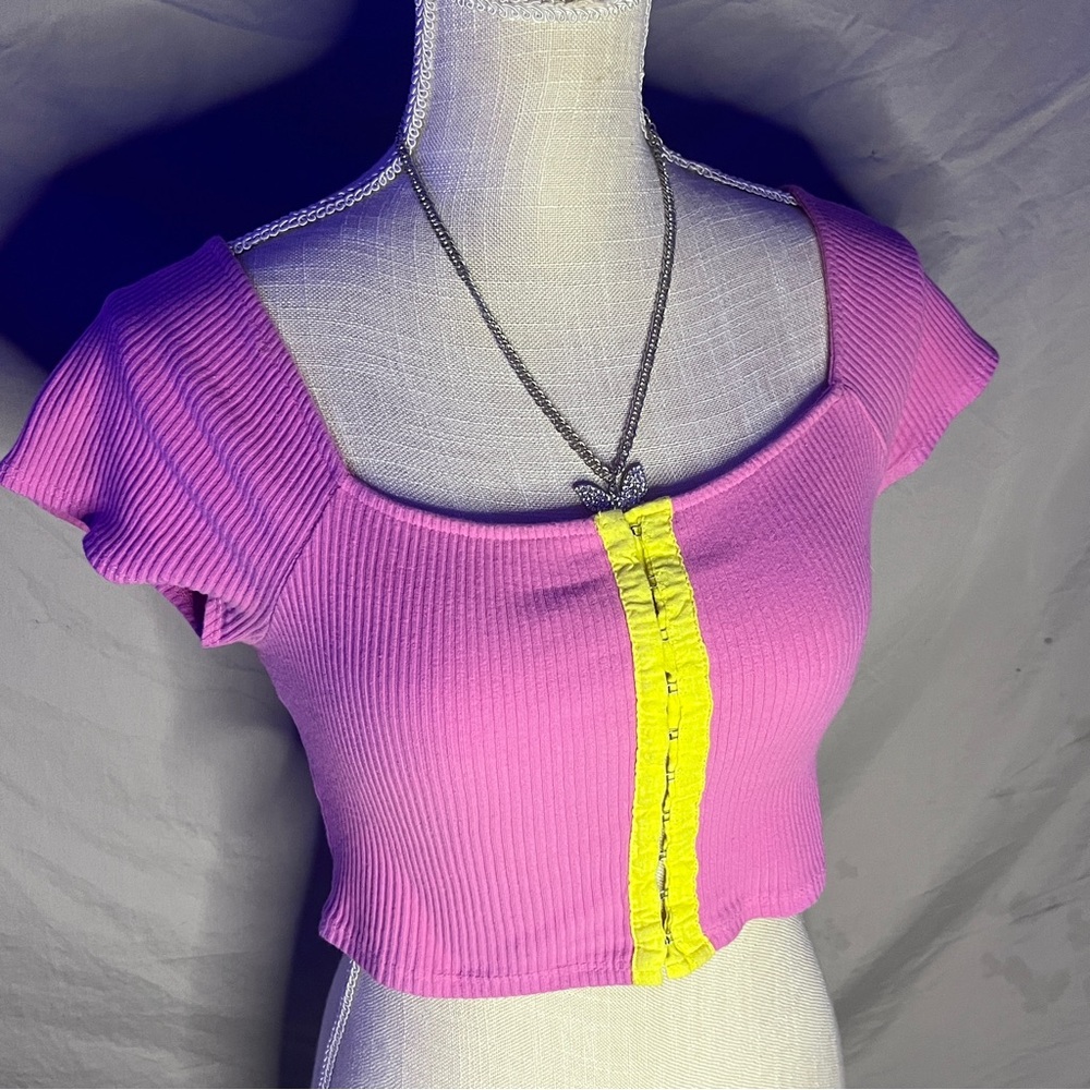 Painted Threads cropped ribbed pink yellow front clip corset off the shoulder